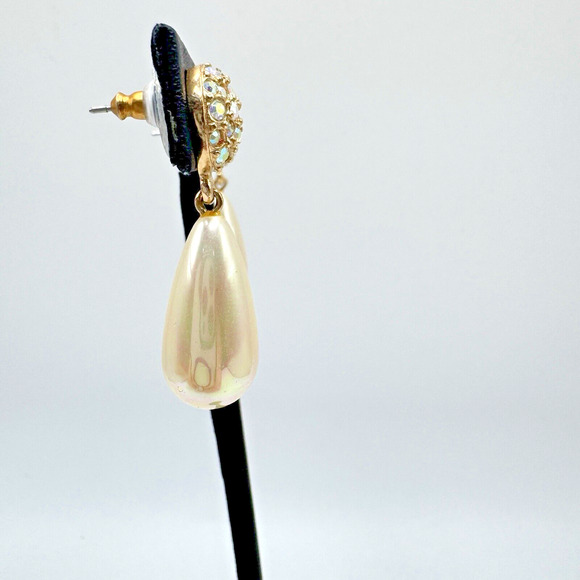 Vintage Faux Teardrop Pearl AB Rhinestone Dangle Earrings Gold Tone Retro 1.5" - Picture 5 of 8